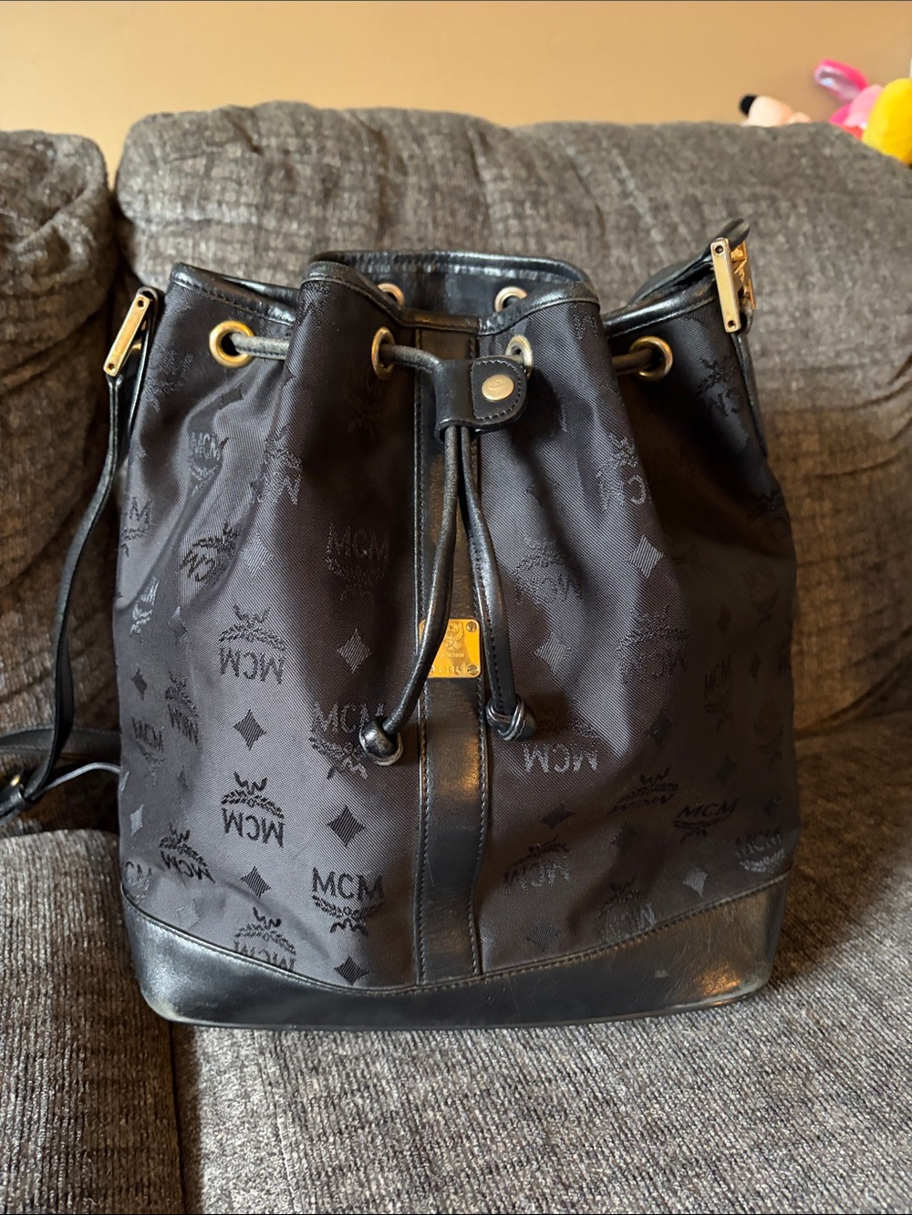 MCM Black Monogram Canvas w/ Leather trim Bucket Crossbody Bag